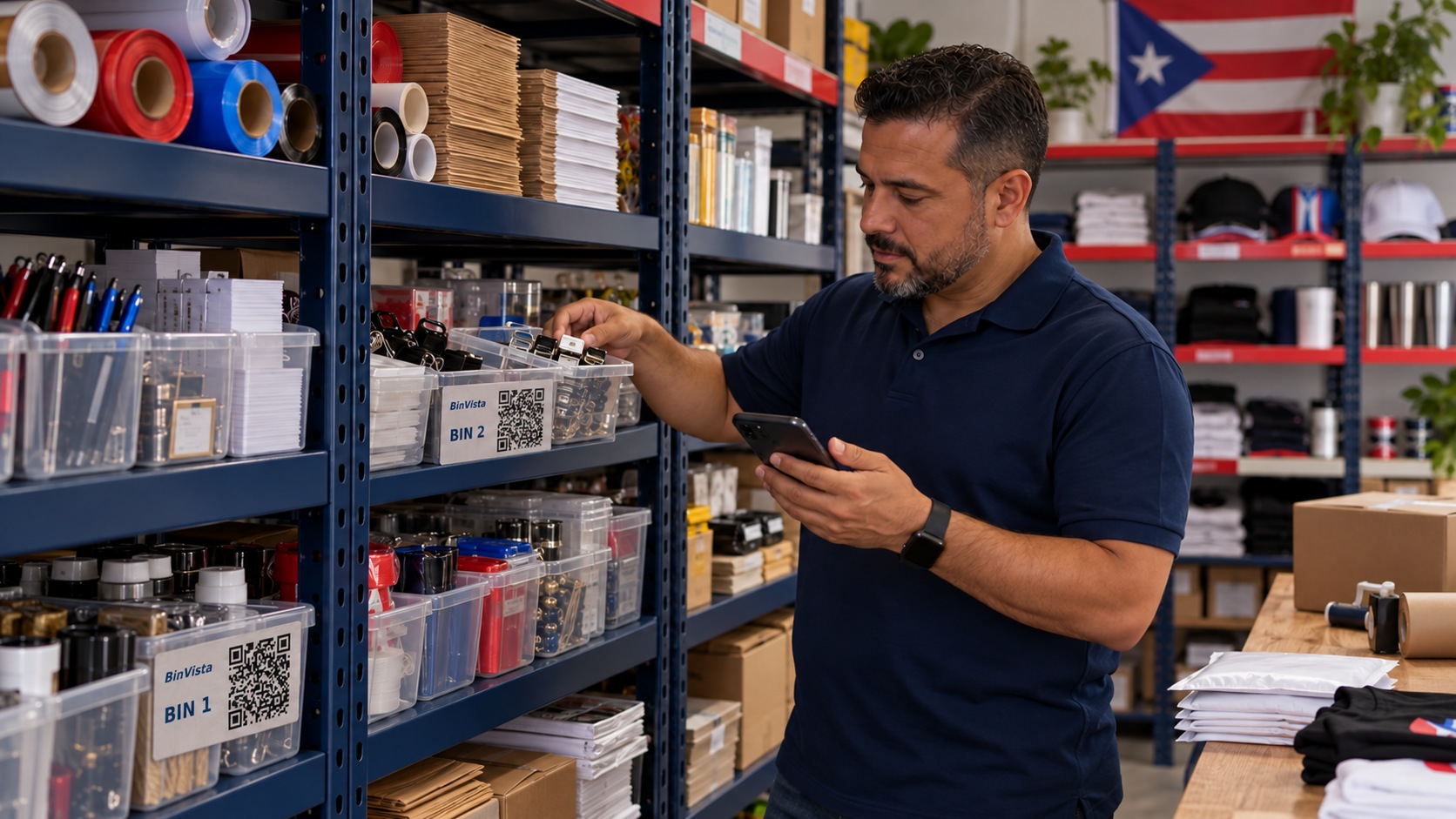 Negocio con cajas y etiquetas QR BinVista
