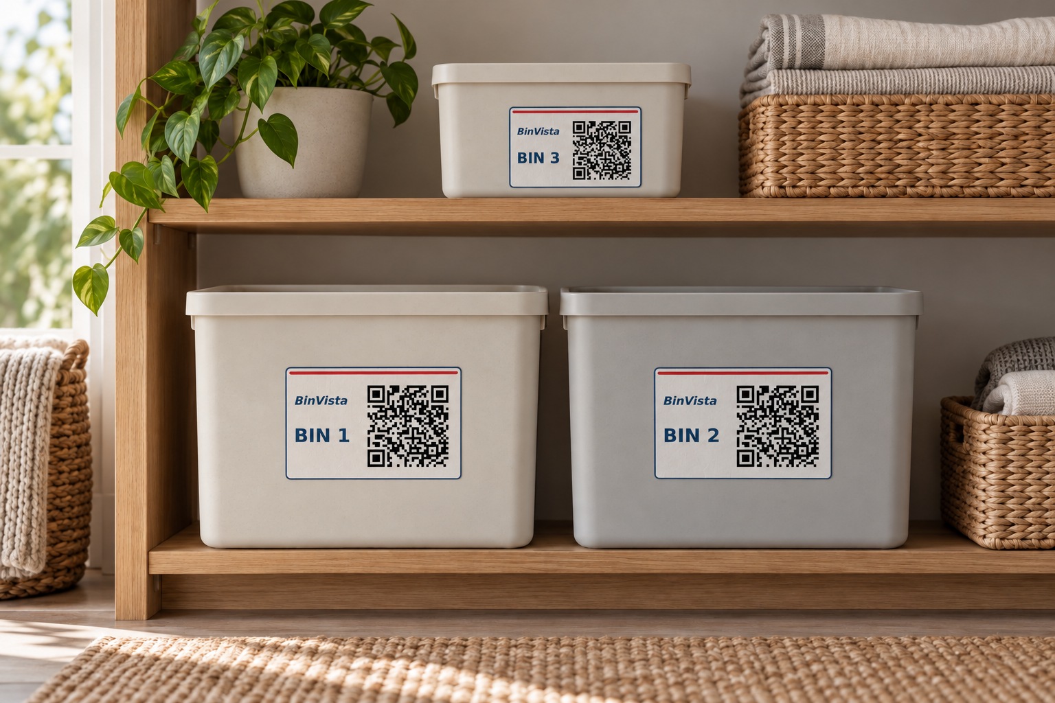 Casa con cajas y etiquetas QR BinVista