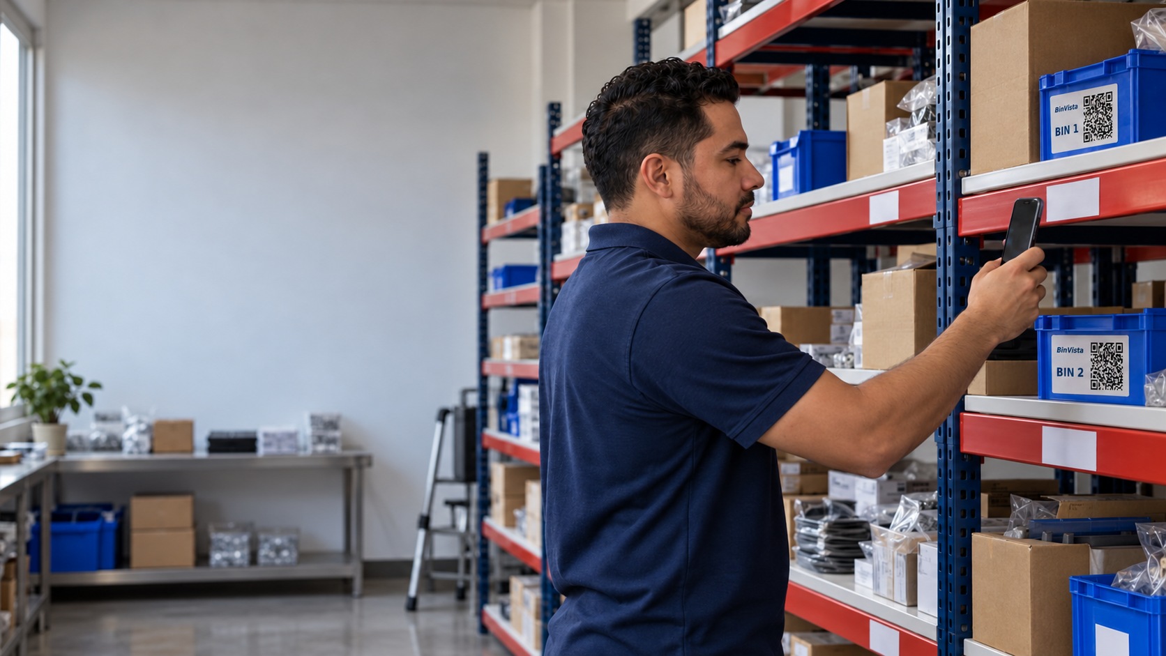 Almacén con cajas y etiquetas QR BinVista